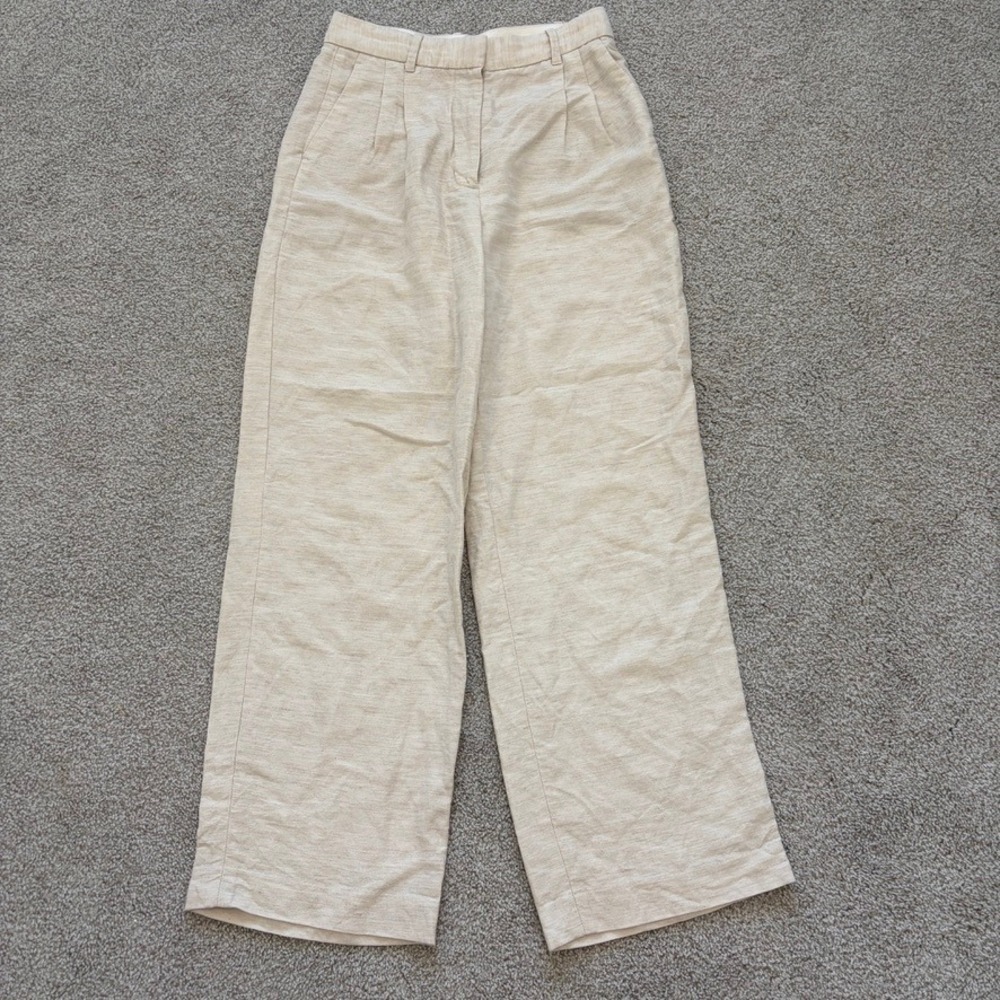 Wilfred Aritzia Effortless Pants Womens 8 Beige Linen Blend Wide Leg Pleated
